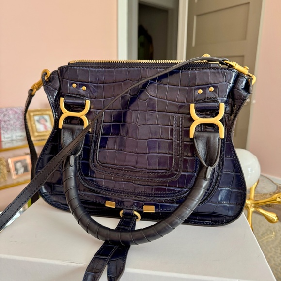 Chloé Navy Embossed Crocodile Leather Top Handle Bag w/Shoulder strap - Picture 7 of 10